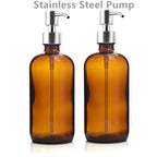 Amber Glass Soap Dispenser, Kitchen Bathroom Hand Dish Soap Dispenser Set with Rustproof Stainless Steel Pump, 2Pcs, 16 Oz 500Ml