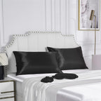 Black Satin Pillowcase for Hair and Skin, Vegan Silk Pillowcase Set-2 Satin Pillowcases, 1 Eye Mask, 1 Scrunchie-Luxury Sleep Set, Silky Standard Satin Pillow Cases with Envelope Closure