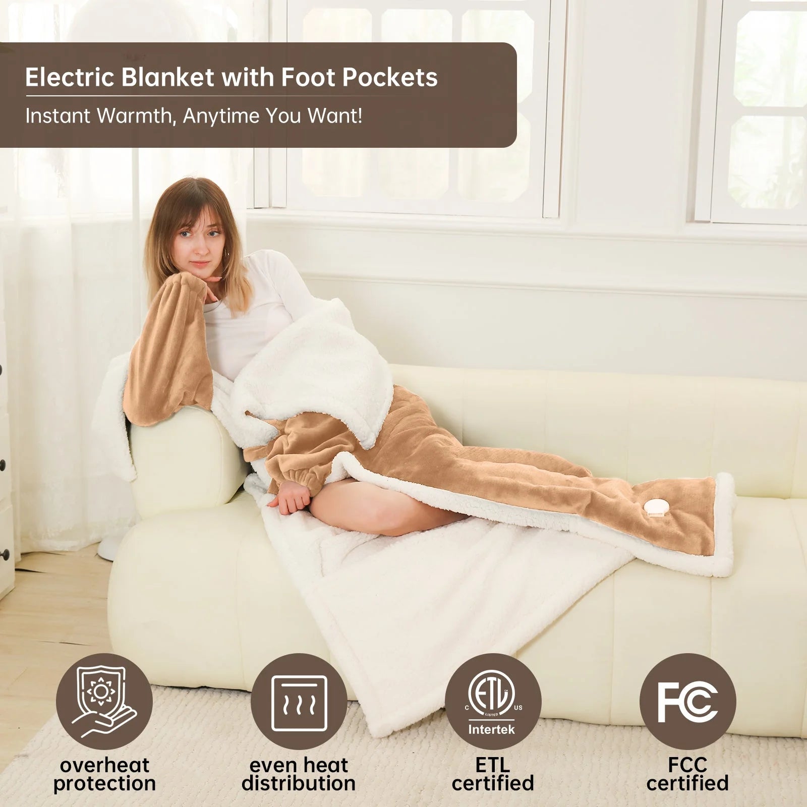Heated Blanket Throw Size, Washable Heated Throw Blanket Electric, Electric Throw Blanket, Beige, 50" X 70", Blanket Warmer Heating Blanket Heat Warming Blanket Electric Blanket Throw Heater